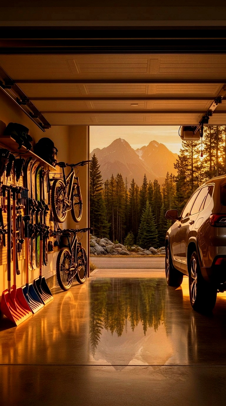 Pristine organized modern garage at golden hour